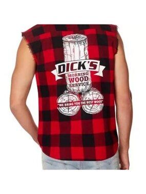 Halloween Dicks Morning Wood Service Red Black Plaid Sleeveless Flannel Shirt M